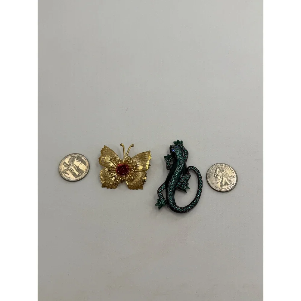 Chicos Teal Enamel Lizard Rhinestone Brooch & Gold Tone Rose Butterfly Pin Set